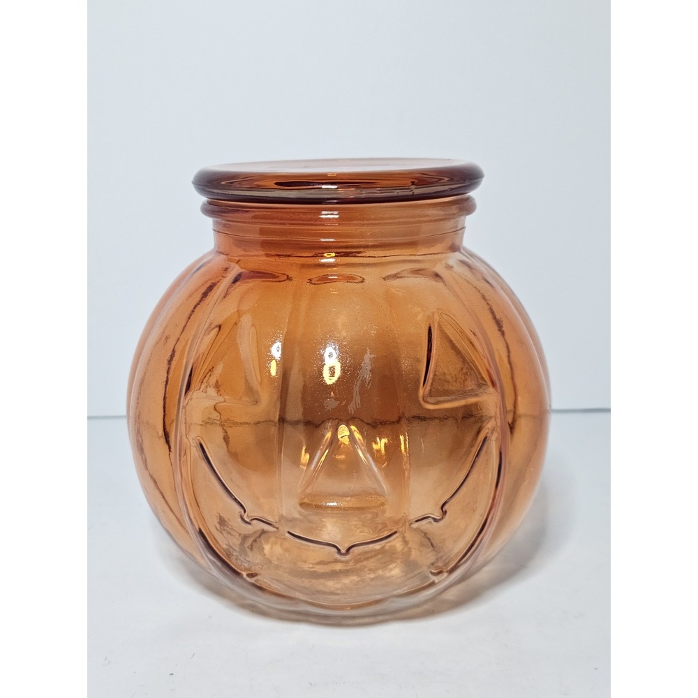 Amici Home Orange Glass Jack O Lantern Pumpkin Candy Jar Canister Lid 5.5" Read